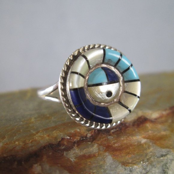 Zuni Sunface Ring, Turquoise Lapis Mother Of Pearl Onyx, Frank Yazzie Design - Picture 7 of 8